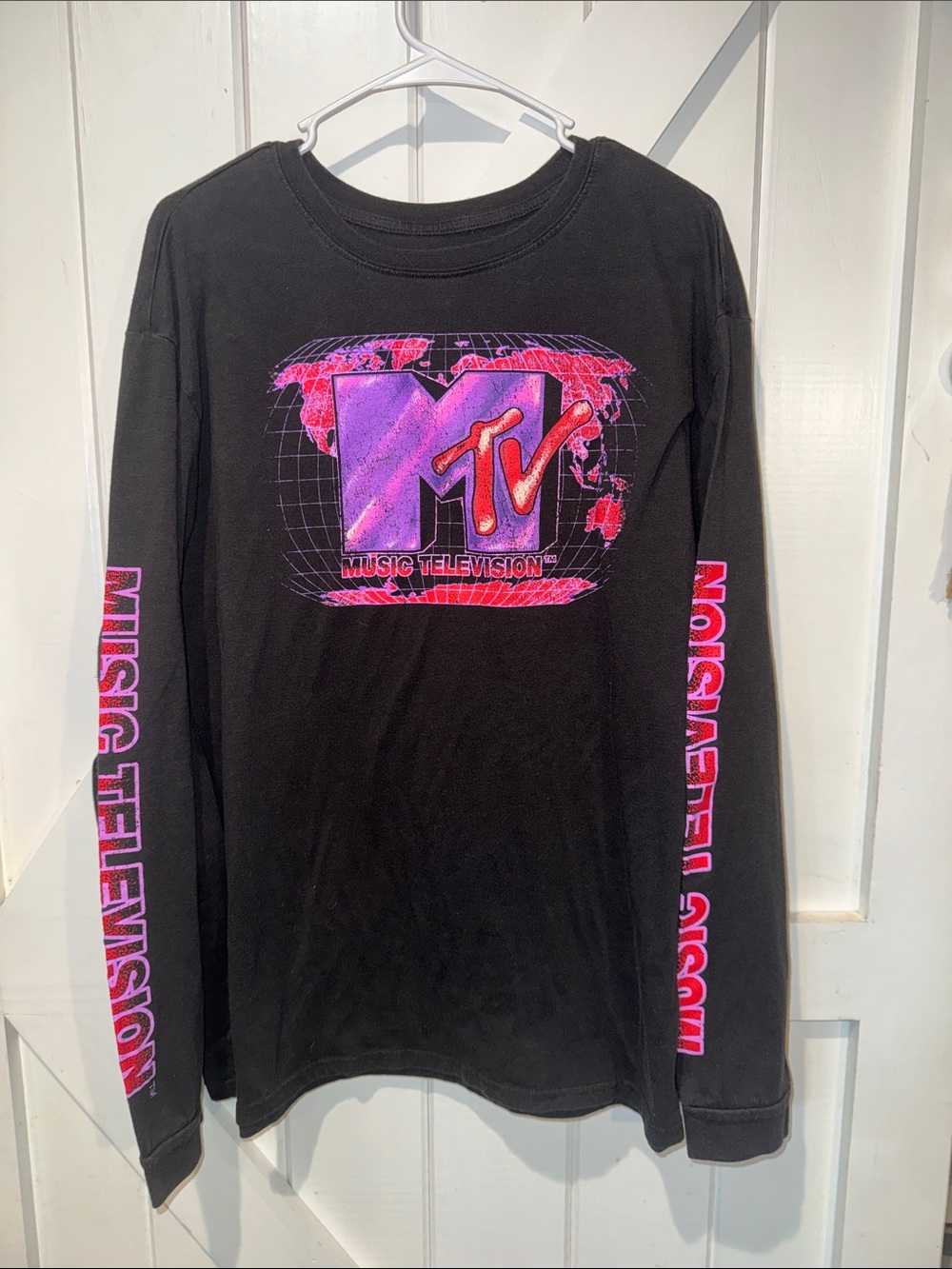 MTV Music Television Graphic Long Sleeve Shirt Black Neon Y2K 2XL
